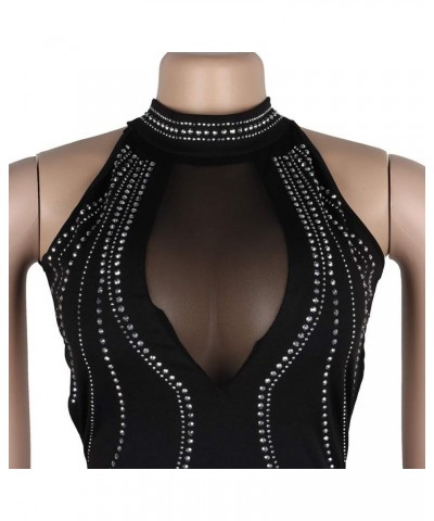 Women's Sexy Mesh See Through Rhinestone Bodycon Zipper Midi Dress Clubwear Outfit Black05 $16.92 Dresses