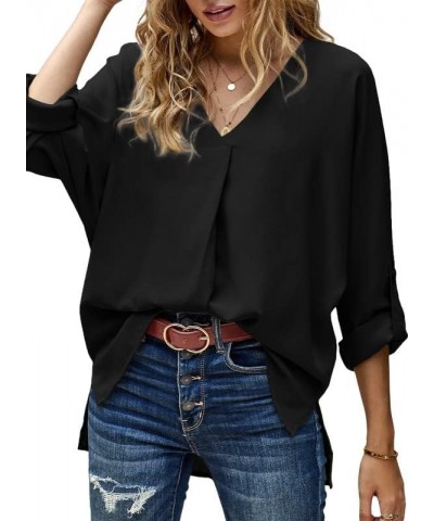 2024 Womens Summer 3 4 Bell Sleeve/Short Sleeve V Neck Chiffon Tops Casual Solid Tops and Blouses Loose Shirts S-XXL A0 Black...