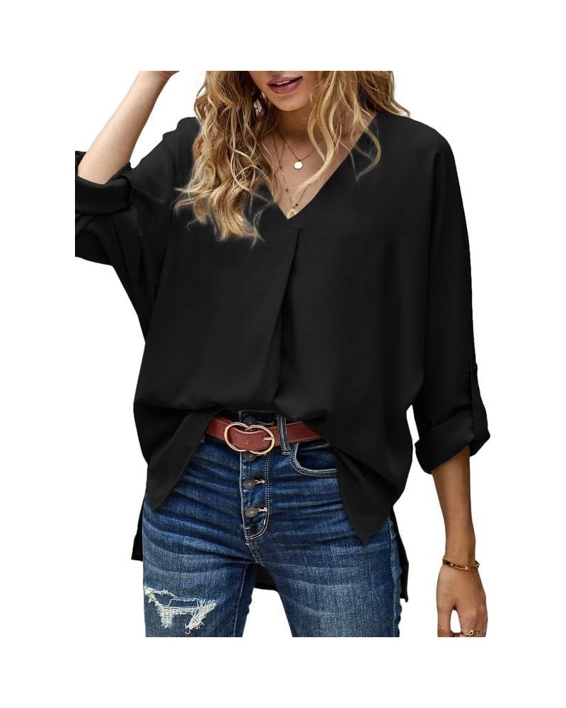 2024 Womens Summer 3 4 Bell Sleeve/Short Sleeve V Neck Chiffon Tops Casual Solid Tops and Blouses Loose Shirts S-XXL A0 Black...