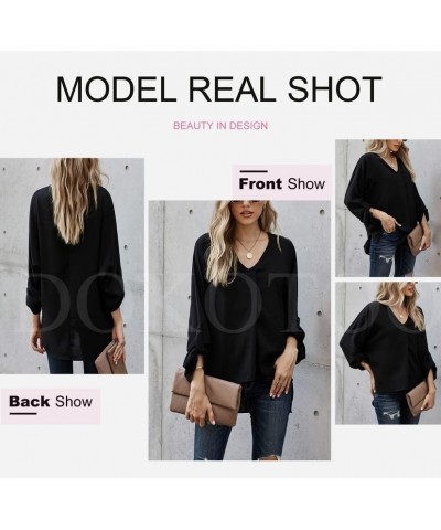 2024 Womens Summer 3 4 Bell Sleeve/Short Sleeve V Neck Chiffon Tops Casual Solid Tops and Blouses Loose Shirts S-XXL A0 Black...