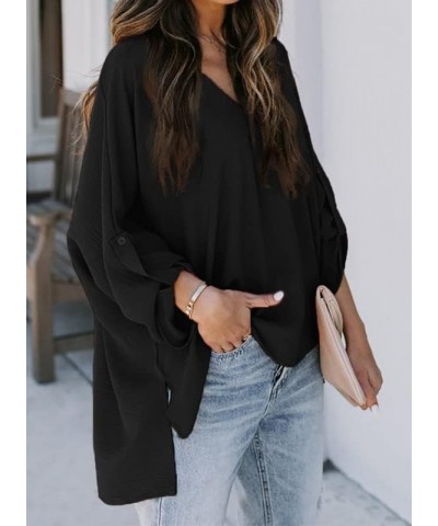 2024 Womens Summer 3 4 Bell Sleeve/Short Sleeve V Neck Chiffon Tops Casual Solid Tops and Blouses Loose Shirts S-XXL A0 Black...