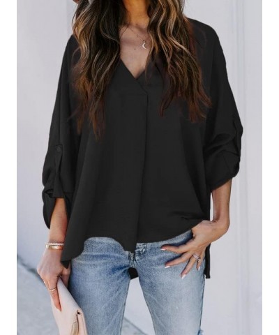 2024 Womens Summer 3 4 Bell Sleeve/Short Sleeve V Neck Chiffon Tops Casual Solid Tops and Blouses Loose Shirts S-XXL A0 Black...