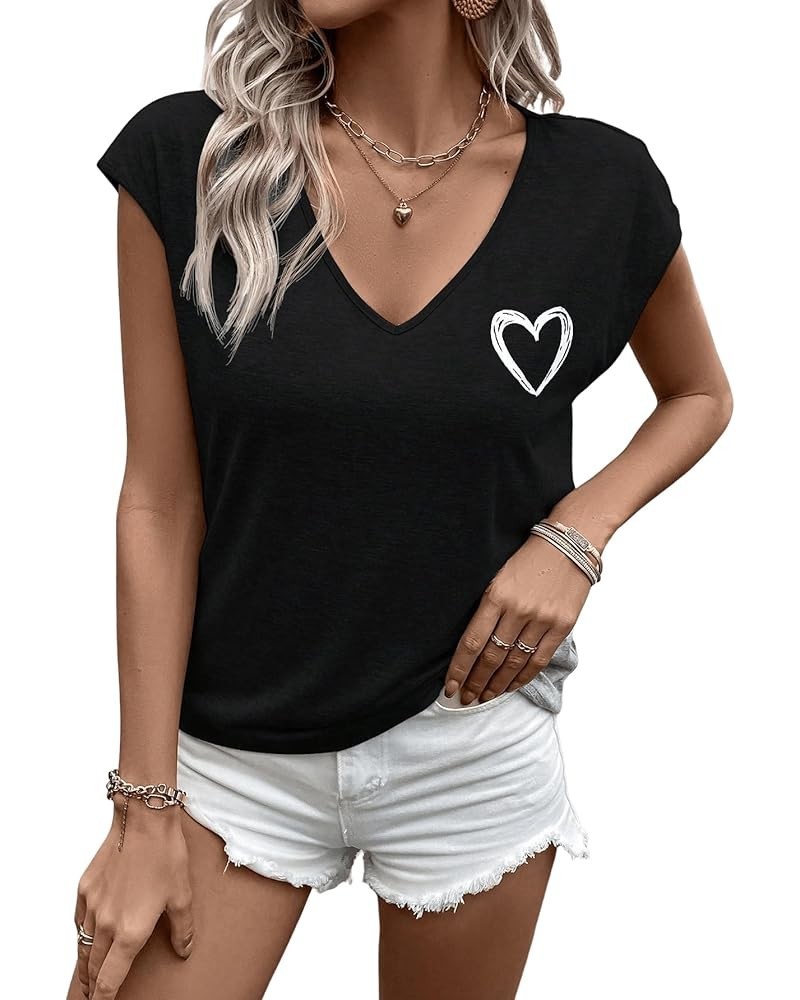 Women's Heart Print Short Sleeve Tee Top V Neck Casual Pullover T Shirt Black $11.79 T-Shirts