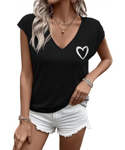 Women's Heart Print Short Sleeve Tee Top V Neck Casual Pullover T Shirt Black $11.79 T-Shirts