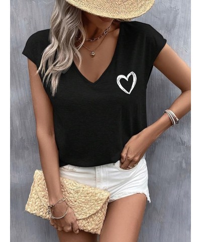 Women's Heart Print Short Sleeve Tee Top V Neck Casual Pullover T Shirt Black $11.79 T-Shirts