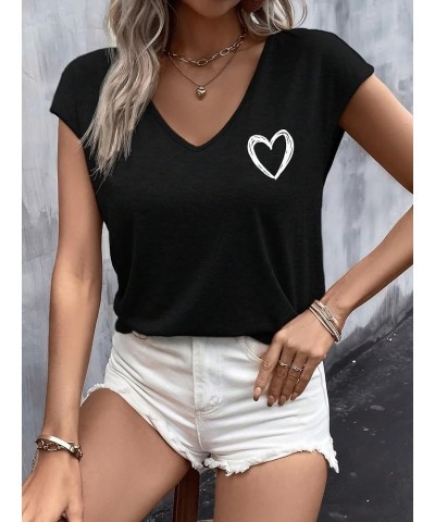 Women's Heart Print Short Sleeve Tee Top V Neck Casual Pullover T Shirt Black $11.79 T-Shirts