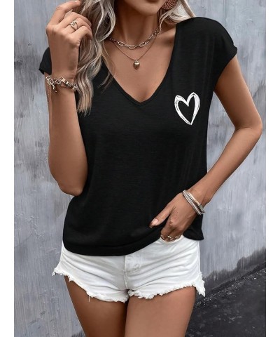 Women's Heart Print Short Sleeve Tee Top V Neck Casual Pullover T Shirt Black $11.79 T-Shirts