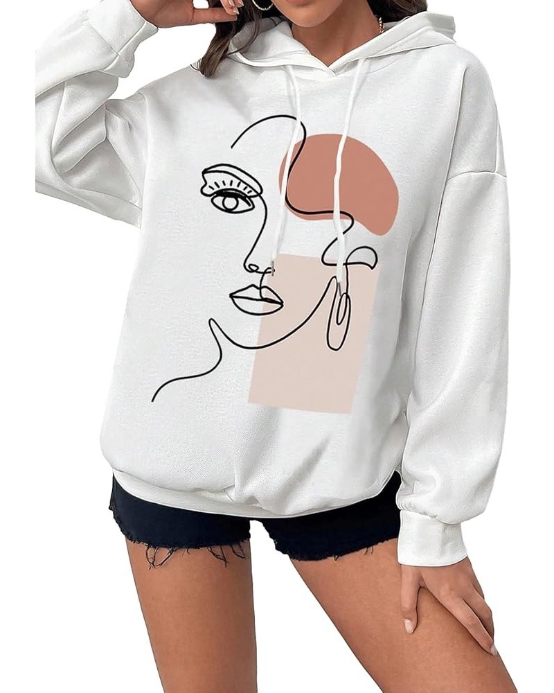 Women's Figure Abstract Graphic Drawstring Hoodie Drop Shoulder Long Sleeve Hooded Sweatshirts White $13.44 Hoodies & Sweatsh...