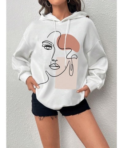 Women's Figure Abstract Graphic Drawstring Hoodie Drop Shoulder Long Sleeve Hooded Sweatshirts White $13.44 Hoodies & Sweatsh...