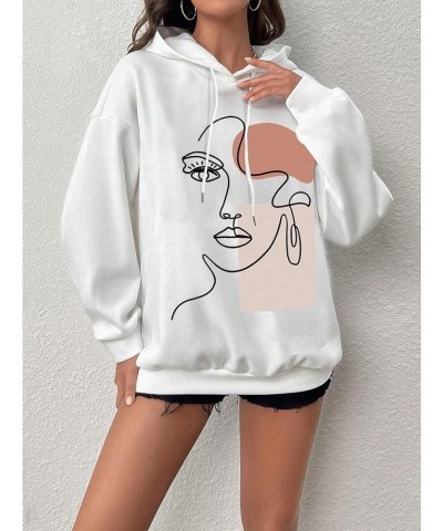 Women's Figure Abstract Graphic Drawstring Hoodie Drop Shoulder Long Sleeve Hooded Sweatshirts White $13.44 Hoodies & Sweatsh...