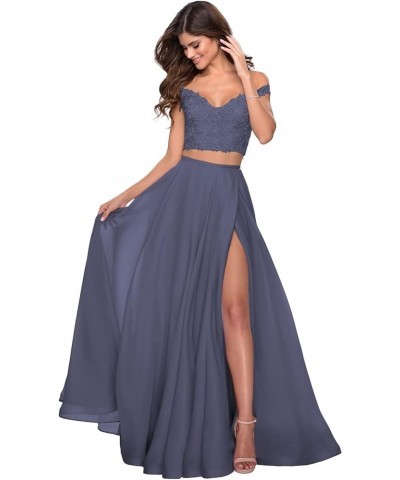 Women's Two Piece Prom Dresses Long with Slit Off Shoulder Lace Chiffon Formal Party Gowns with Pockets WD04 Stormy Blue $40....