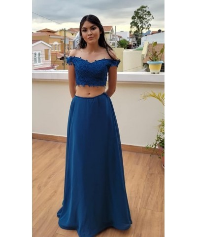 Women's Two Piece Prom Dresses Long with Slit Off Shoulder Lace Chiffon Formal Party Gowns with Pockets WD04 Stormy Blue $40....