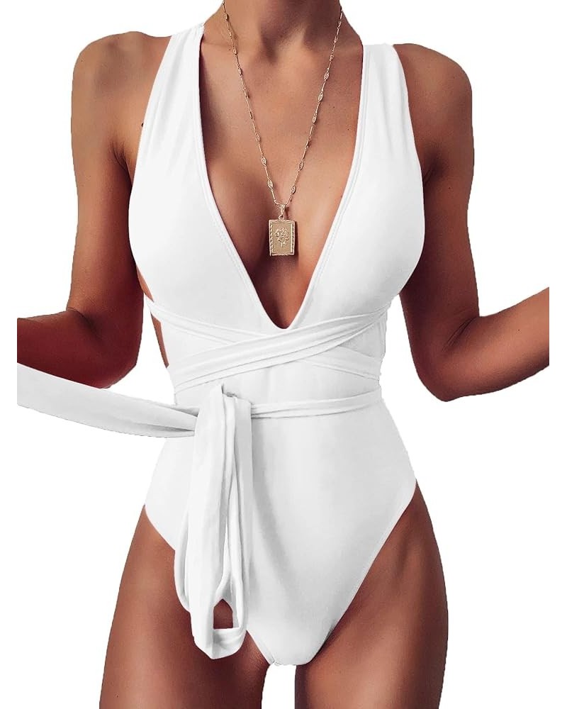 Sexy Tie Criss Cross Plunge One Piece Thong Swimsuit High Cut Brazilian Bathing Suit White $18.40 Swimsuits