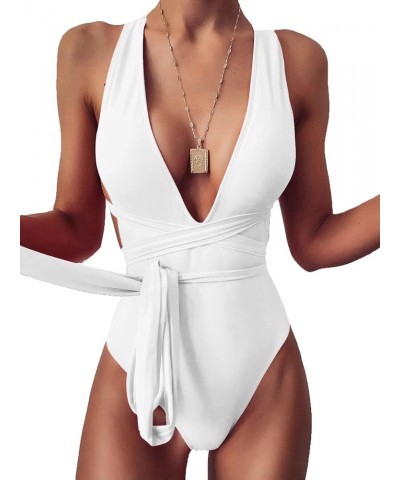 Sexy Tie Criss Cross Plunge One Piece Thong Swimsuit High Cut Brazilian Bathing Suit White $18.40 Swimsuits