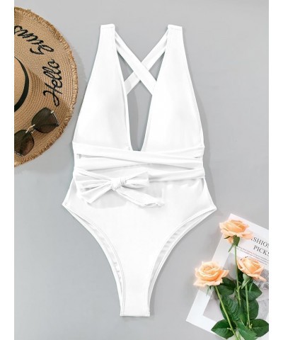 Sexy Tie Criss Cross Plunge One Piece Thong Swimsuit High Cut Brazilian Bathing Suit White $18.40 Swimsuits