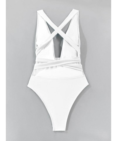 Sexy Tie Criss Cross Plunge One Piece Thong Swimsuit High Cut Brazilian Bathing Suit White $18.40 Swimsuits