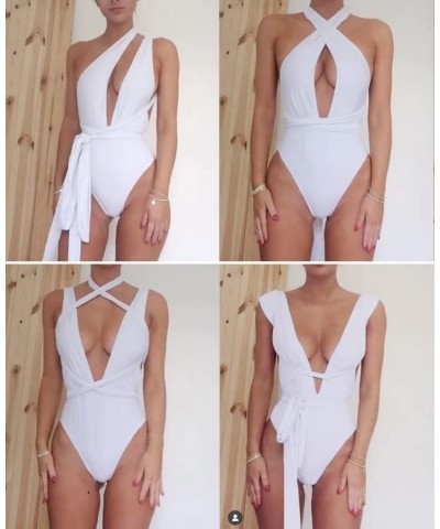 Sexy Tie Criss Cross Plunge One Piece Thong Swimsuit High Cut Brazilian Bathing Suit White $18.40 Swimsuits