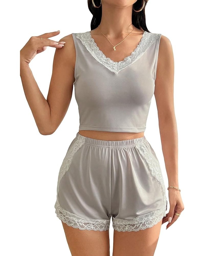 Women's 2 Piece Pajama Floral Lace Trim V Neck Tank Top with Shorts Lounge Set Grey Lace $13.43 Sleep & Lounge