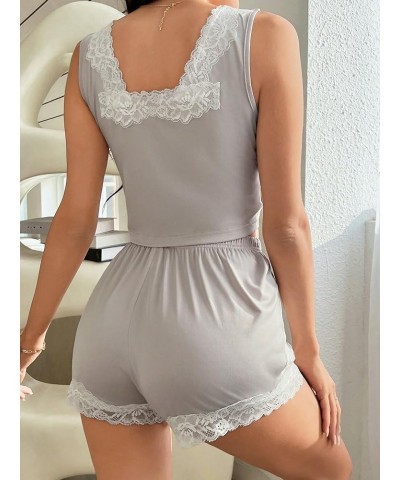 Women's 2 Piece Pajama Floral Lace Trim V Neck Tank Top with Shorts Lounge Set Grey Lace $13.43 Sleep & Lounge