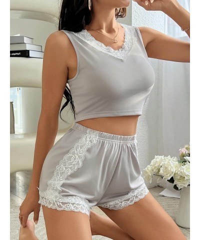 Women's 2 Piece Pajama Floral Lace Trim V Neck Tank Top with Shorts Lounge Set Grey Lace $13.43 Sleep & Lounge