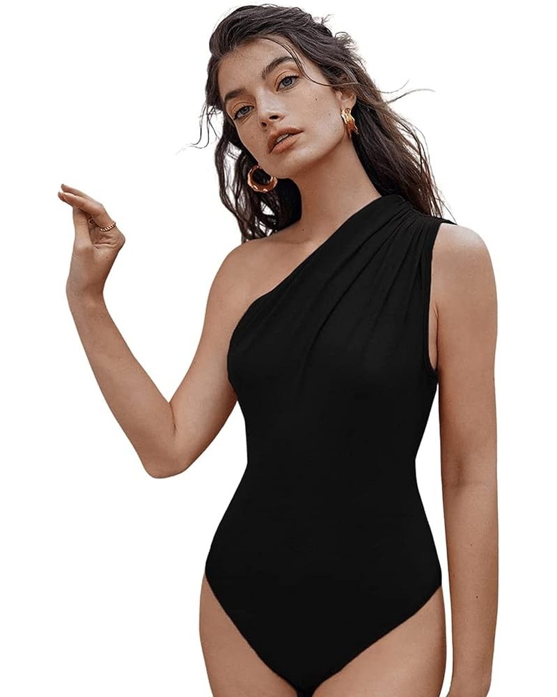 Women's Ruched One Shoulder Asymmetrical Neck Sleeveless Solid Bodysuit Top A Black $10.02 Bodysuits