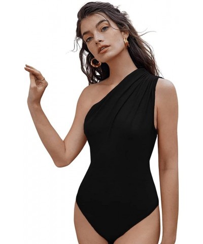 Women's Ruched One Shoulder Asymmetrical Neck Sleeveless Solid Bodysuit Top A Black $10.02 Bodysuits