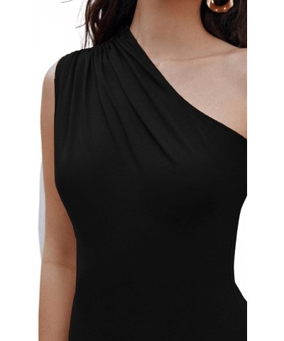 Women's Ruched One Shoulder Asymmetrical Neck Sleeveless Solid Bodysuit Top A Black $10.02 Bodysuits