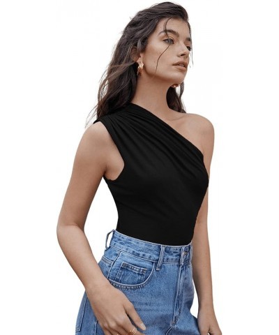 Women's Ruched One Shoulder Asymmetrical Neck Sleeveless Solid Bodysuit Top A Black $10.02 Bodysuits