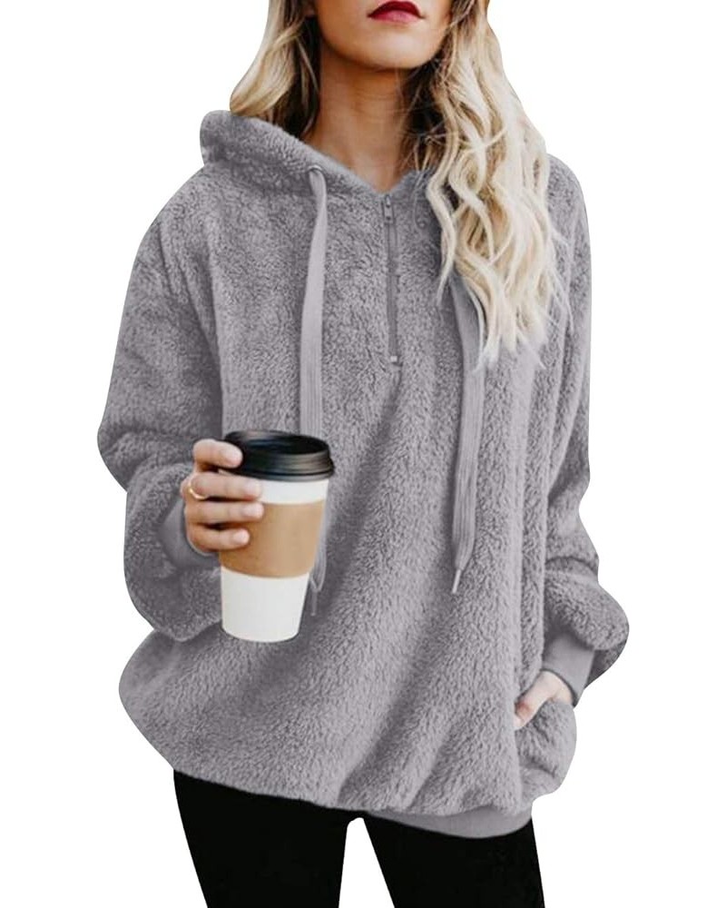 Womens Long Sleeves Fluffy Fleece Pullover Zip Up Hooded Sweatshirt Hoodie with Pockets Grey $16.11 Hoodies & Sweatshirts