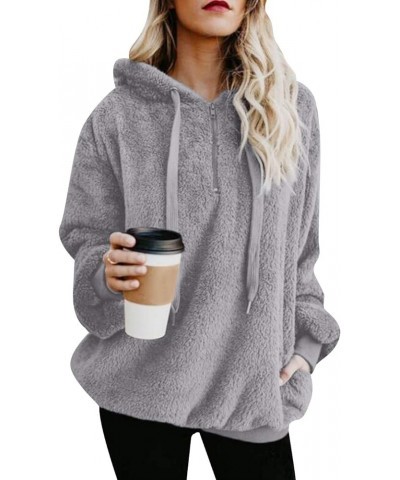 Womens Long Sleeves Fluffy Fleece Pullover Zip Up Hooded Sweatshirt Hoodie with Pockets Grey $16.11 Hoodies & Sweatshirts