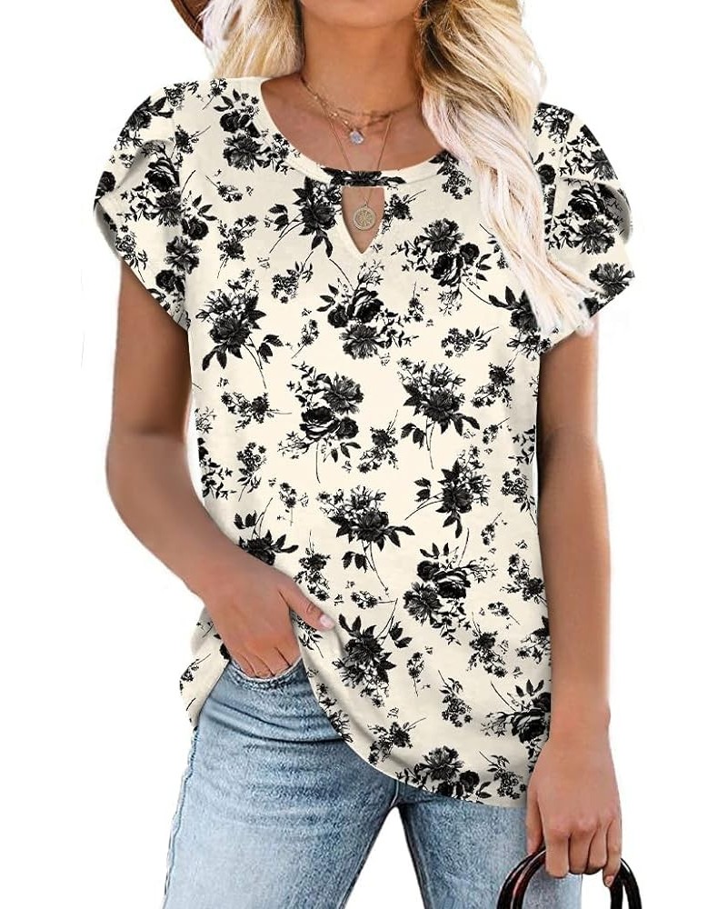 Women's Summer Casual Keyhole T-Shirt Cutout Choker Tops Petal Short Sleeve Tunic Loose Blouse Shirt 2-black Flower White $9....