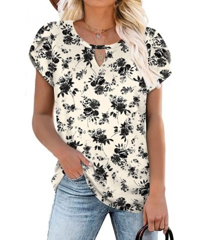 Women's Summer Casual Keyhole T-Shirt Cutout Choker Tops Petal Short Sleeve Tunic Loose Blouse Shirt 2-black Flower White $9....