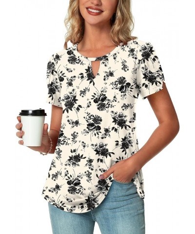 Women's Summer Casual Keyhole T-Shirt Cutout Choker Tops Petal Short Sleeve Tunic Loose Blouse Shirt 2-black Flower White $9....