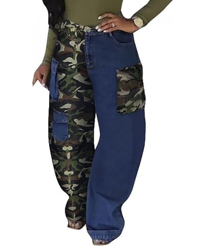 Women Baggy Cargo Jeans Pants Camo Patchwork Pockets High Waist Denim Trousers Streetwear Fall 67blue $34.55 Jeans