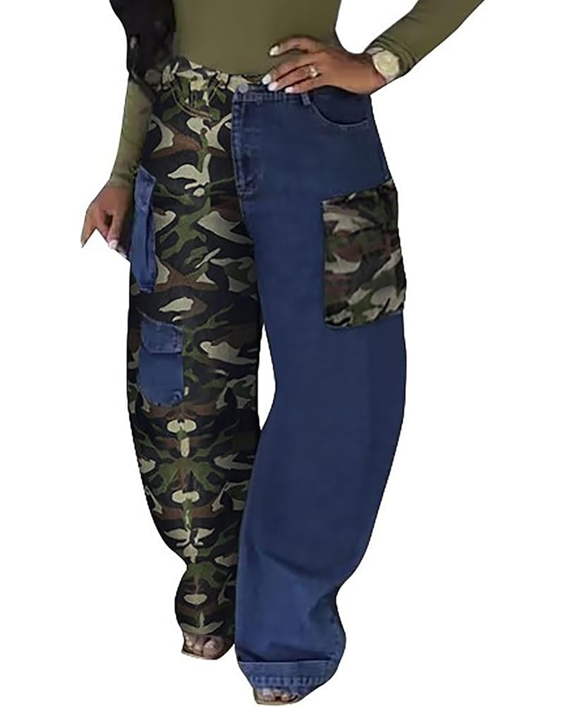 Women Baggy Cargo Jeans Pants Camo Patchwork Pockets High Waist Denim Trousers Streetwear Fall 67blue $34.55 Jeans