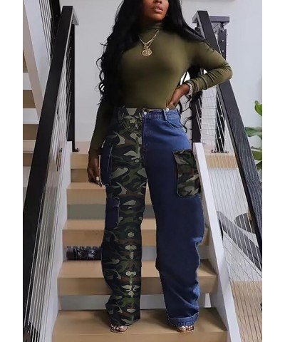 Women Baggy Cargo Jeans Pants Camo Patchwork Pockets High Waist Denim Trousers Streetwear Fall 67blue $34.55 Jeans