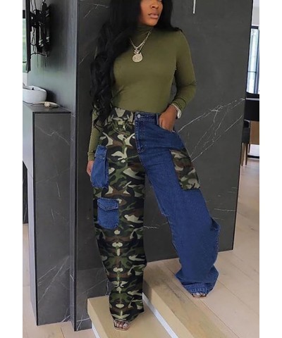 Women Baggy Cargo Jeans Pants Camo Patchwork Pockets High Waist Denim Trousers Streetwear Fall 67blue $34.55 Jeans