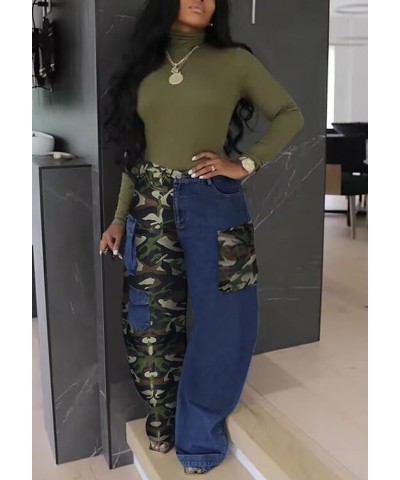 Women Baggy Cargo Jeans Pants Camo Patchwork Pockets High Waist Denim Trousers Streetwear Fall 67blue $34.55 Jeans