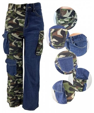 Women Baggy Cargo Jeans Pants Camo Patchwork Pockets High Waist Denim Trousers Streetwear Fall 67blue $34.55 Jeans