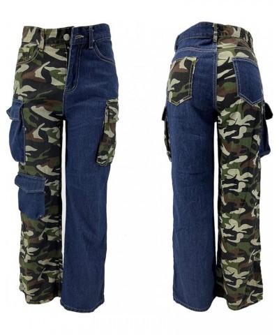 Women Baggy Cargo Jeans Pants Camo Patchwork Pockets High Waist Denim Trousers Streetwear Fall 67blue $34.55 Jeans