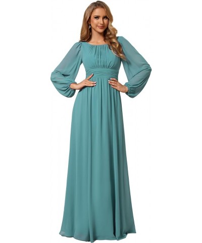 Women's Crewneck Lantern Sleeves A-Line Pleated Chiffon Maxi Formal Dress 0106B Dusty Blue $29.19 Dresses