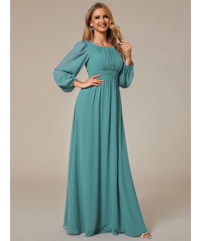 Women's Crewneck Lantern Sleeves A-Line Pleated Chiffon Maxi Formal Dress 0106B Dusty Blue $29.19 Dresses