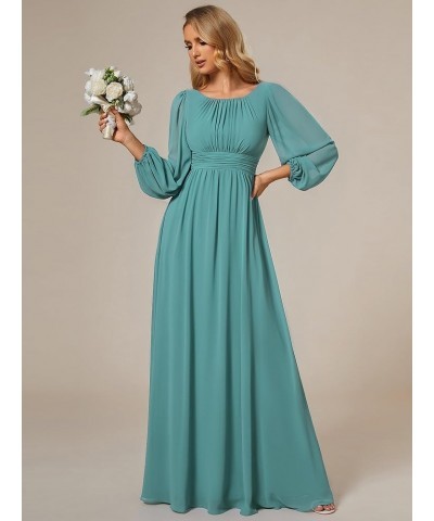 Women's Crewneck Lantern Sleeves A-Line Pleated Chiffon Maxi Formal Dress 0106B Dusty Blue $29.19 Dresses