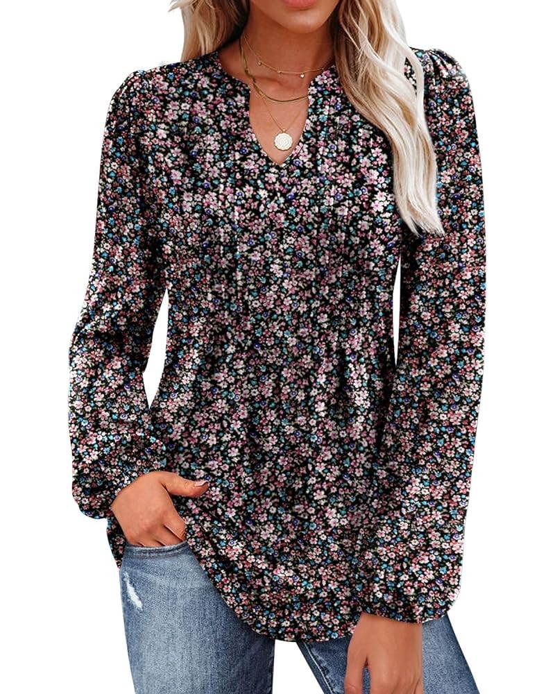 Women's 2024 V Neck Puff Long Sleeve T Shirts Pleated Casual Loose Tunic Blouse 07 Black Pink Floral $18.01 Tops