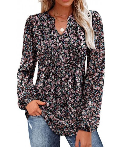 Women's 2024 V Neck Puff Long Sleeve T Shirts Pleated Casual Loose Tunic Blouse 07 Black Pink Floral $18.01 Tops