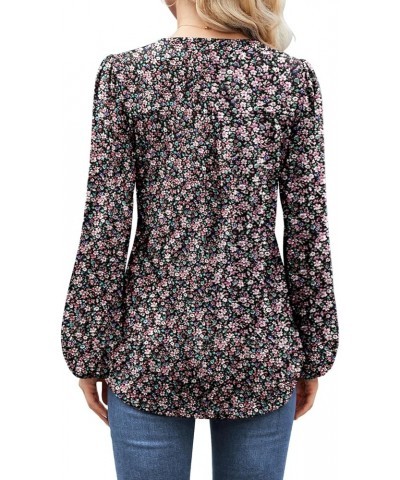 Women's 2024 V Neck Puff Long Sleeve T Shirts Pleated Casual Loose Tunic Blouse 07 Black Pink Floral $18.01 Tops