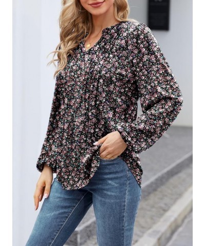 Women's 2024 V Neck Puff Long Sleeve T Shirts Pleated Casual Loose Tunic Blouse 07 Black Pink Floral $18.01 Tops