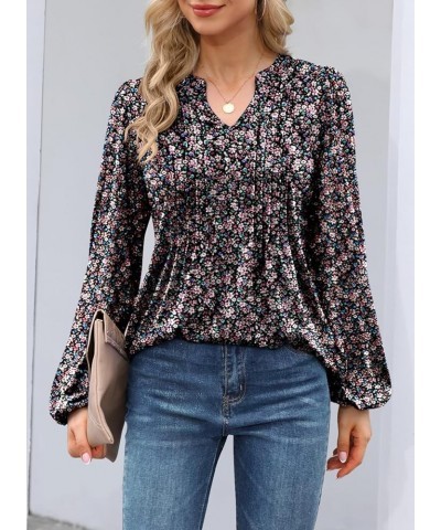 Women's 2024 V Neck Puff Long Sleeve T Shirts Pleated Casual Loose Tunic Blouse 07 Black Pink Floral $18.01 Tops