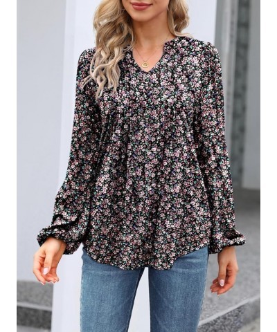 Women's 2024 V Neck Puff Long Sleeve T Shirts Pleated Casual Loose Tunic Blouse 07 Black Pink Floral $18.01 Tops