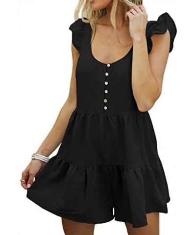 Womens Summer Rompers Casual Wide Leg Ruffles Flowy Loose Plain Short Beach Jumpsuits Black $25.84 Rompers